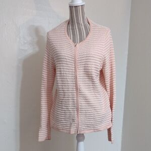 Ann Taylor Pink & White Textured Full Zip Long Sleeve Sweater Size XL